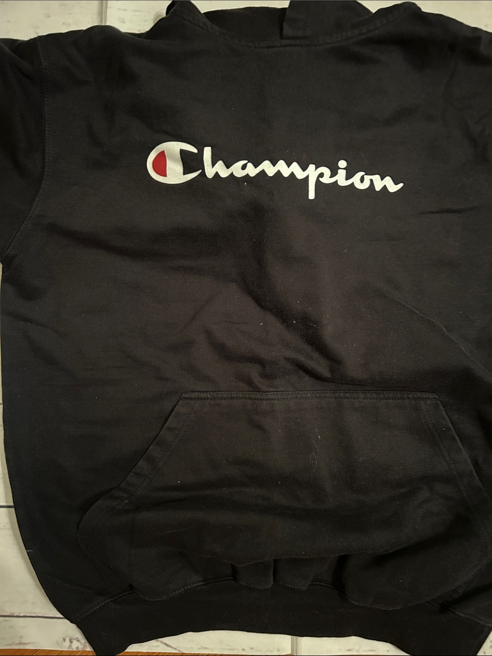 Champion Black Men’s Hoodie with White Script and Red Emblem